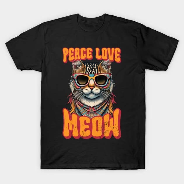 Peace Love Meow, Retro Groovy Style Hippie Cat Lover Design T-Shirt by PugSwagClothing